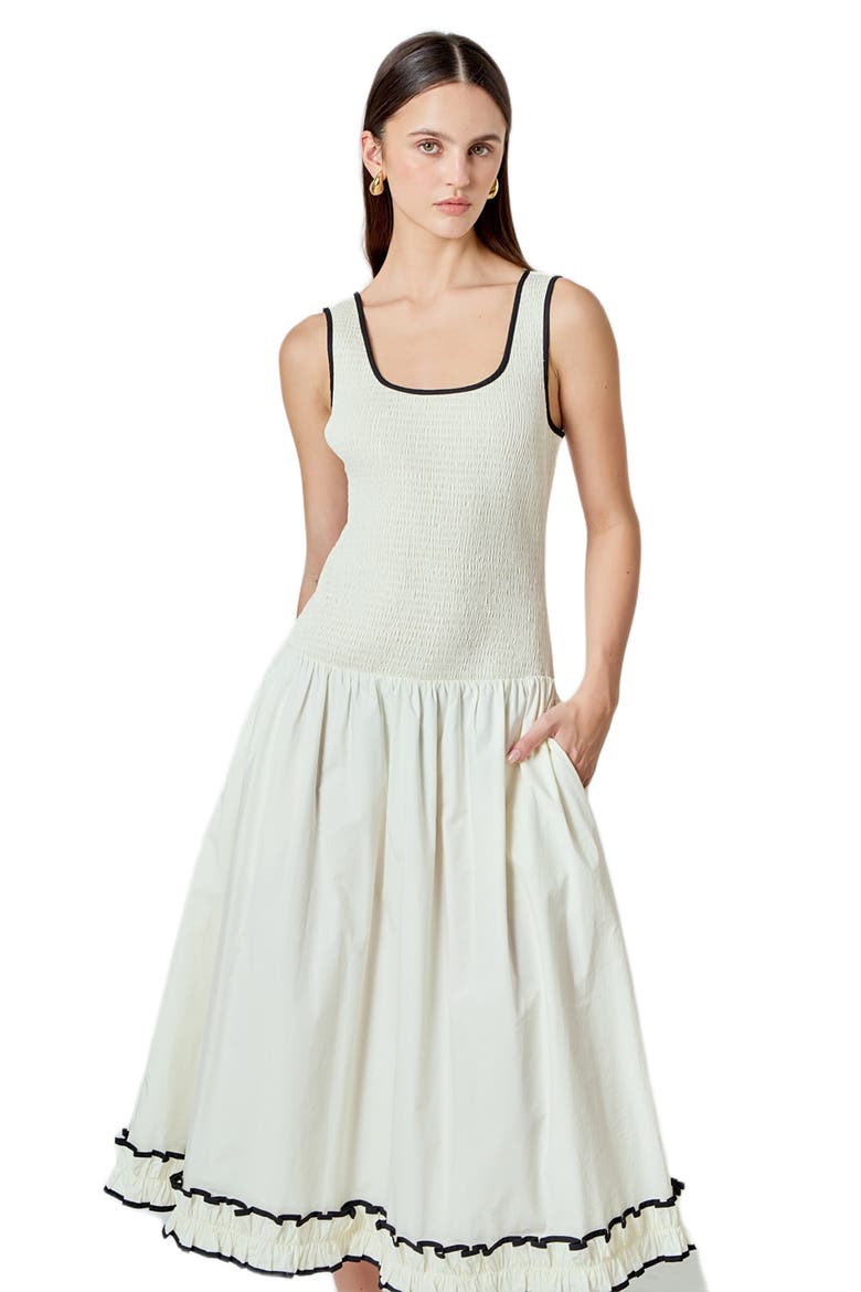 Smocked Drop Waist Midi Dress, Alternate, color, IVORY