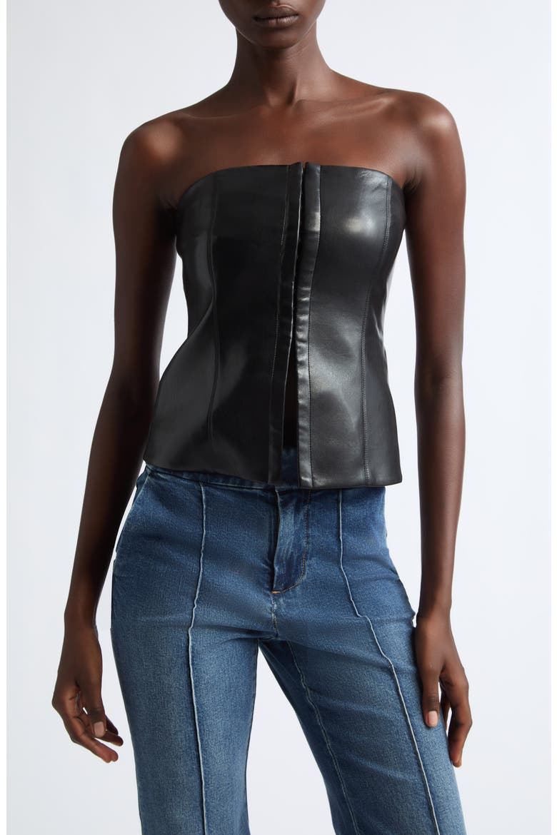 Pat Strapless Faux Leather Top, Main, color, BLACK