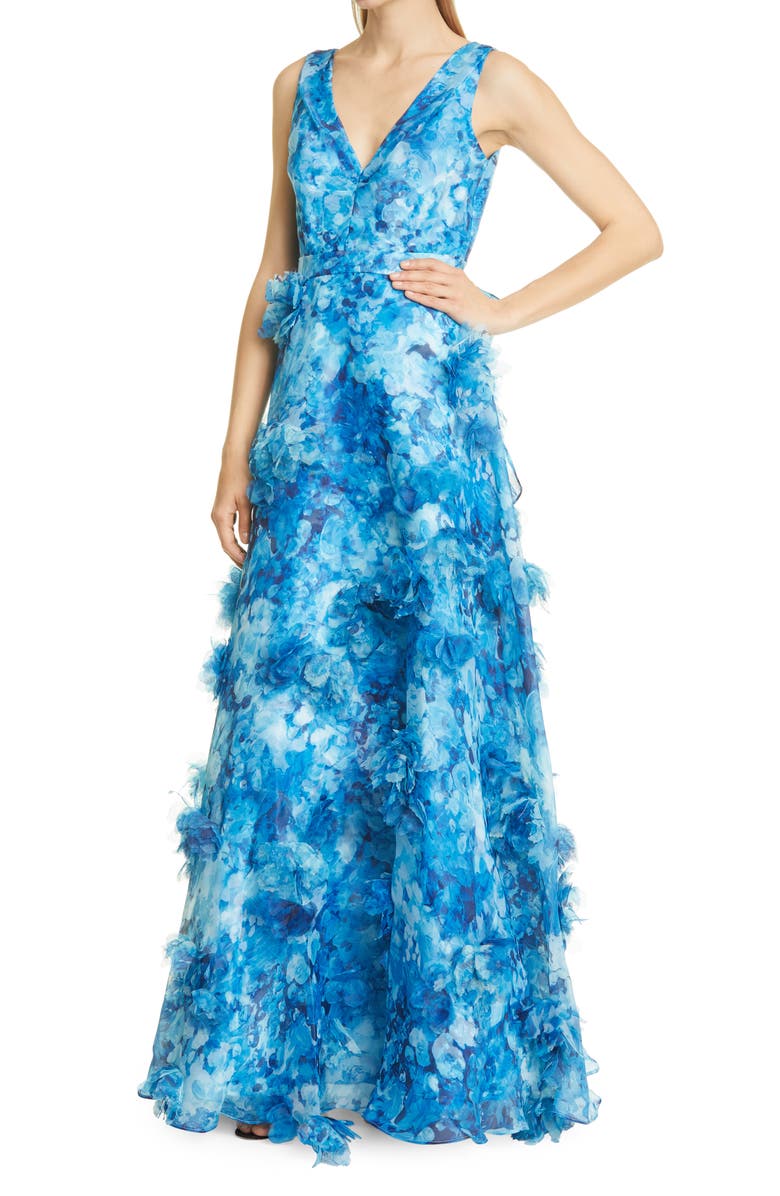 Marchesa Notte Pleated Tiered Organza Gown, Alternate, color,