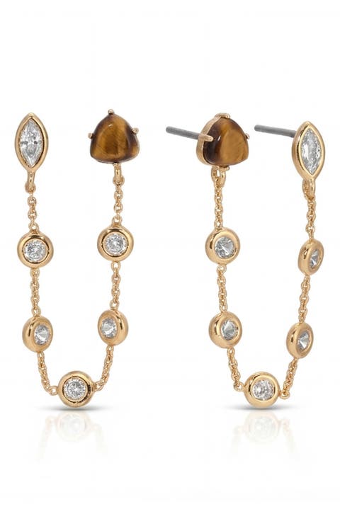 Tiger's Eye & Cubic Zirconia Double Piercing Stud Earrings