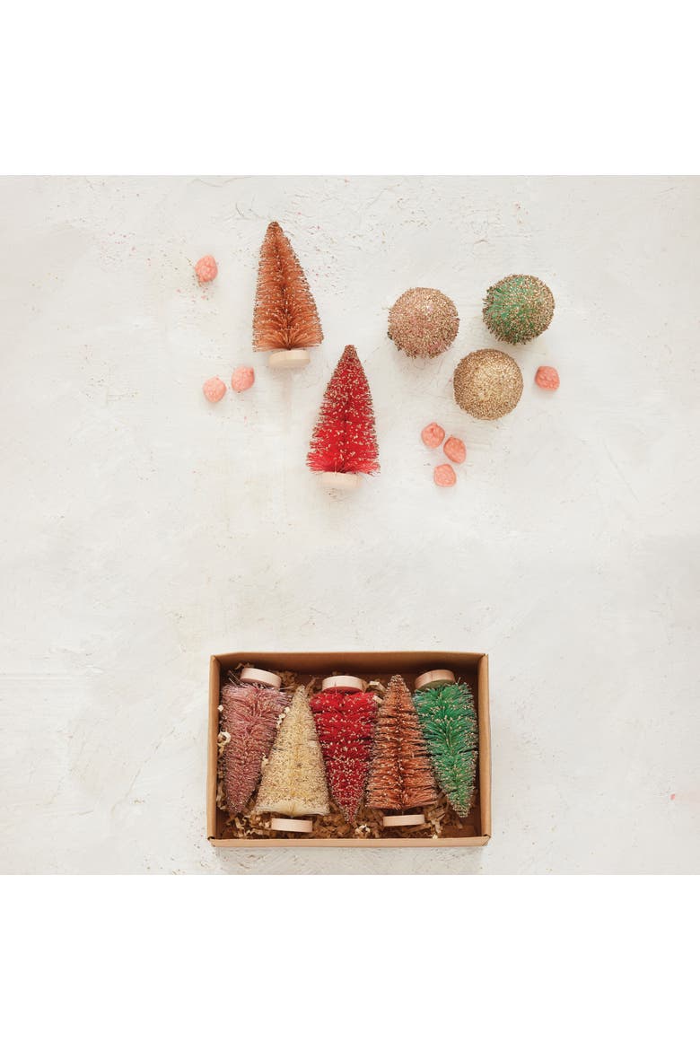 5-Piece Sisal Bottle Brush Trees with Glitter and Wood Bases, Multicolor, Alternate, color, Multicolor