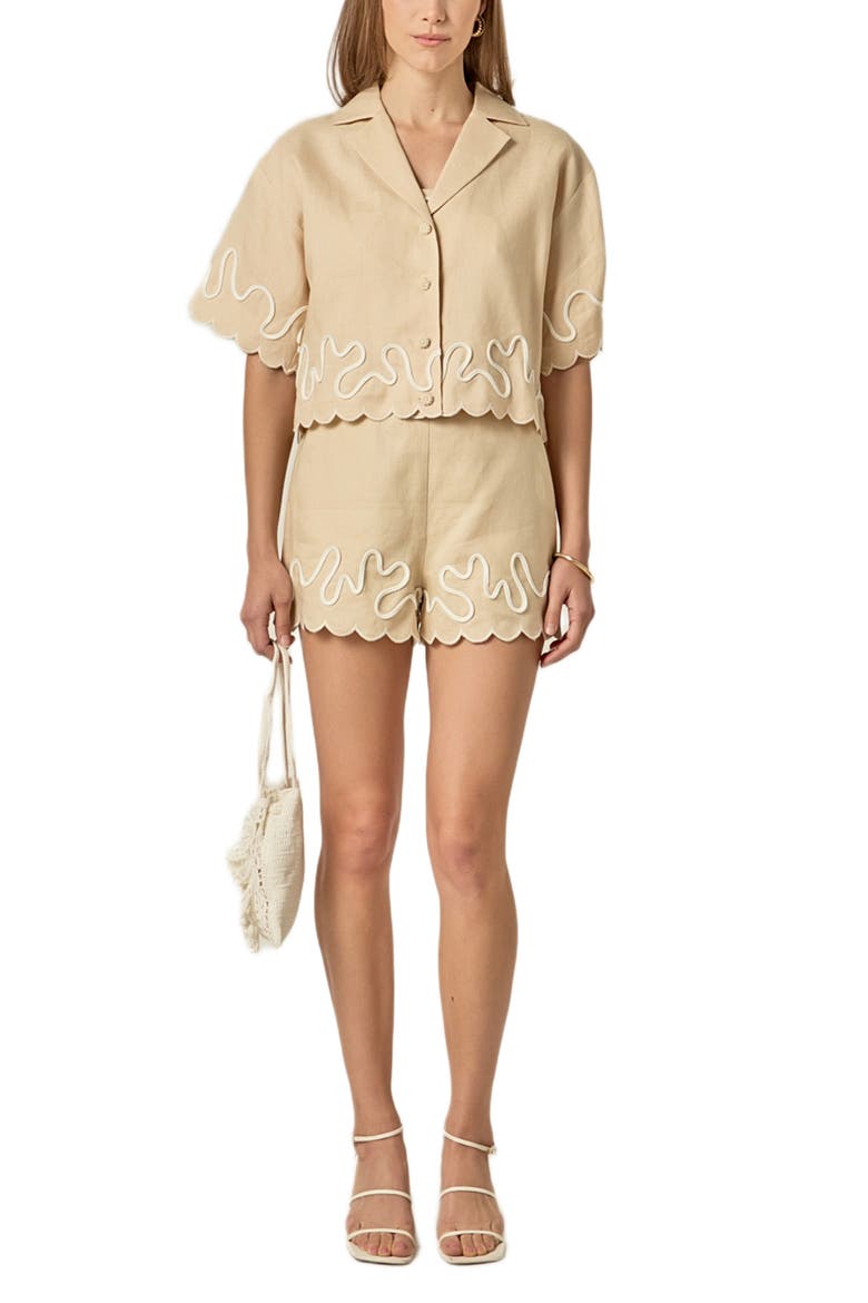 Wavy Embroidered Crop Linen Shirt, Alternate, color, BEIGE/ OFF WHITE