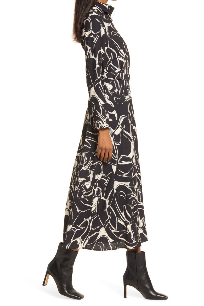 Abstract Print Belted Long Sleeve Midi Dress, Alternate, color, BLACK AOP