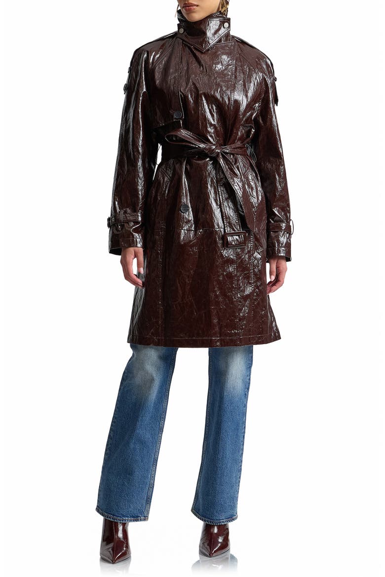 Belted Double Breasted Faux Leather Trench Coat, Alternate, color, DARK PLUM