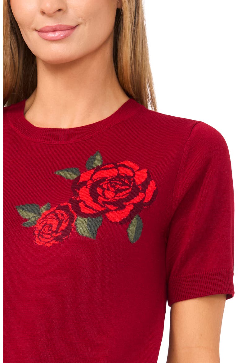 Nora Intarsia Rose Short Sleeve Sweater, Alternate, color, BRICK RED