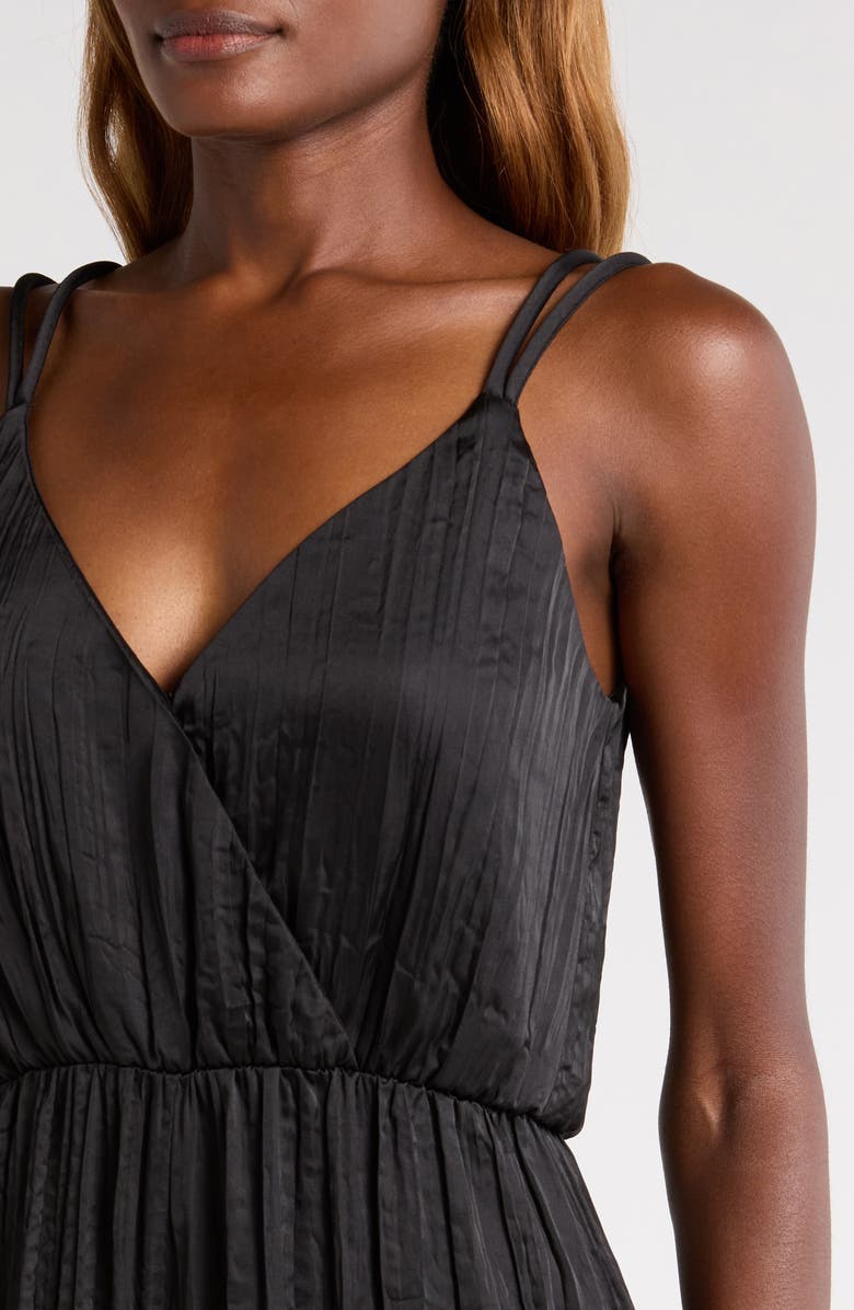 ASTR the Label Surplice Neck Plissé Satin Jumpsuit, Alternate, color, Black