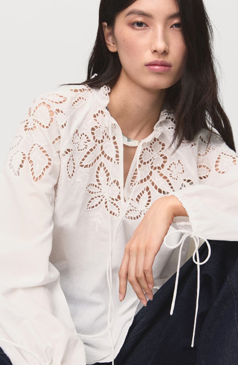 MANGO Embroidered Eyelet Tie Cuff Long Sleeve Top, Alternate, color, Ecru