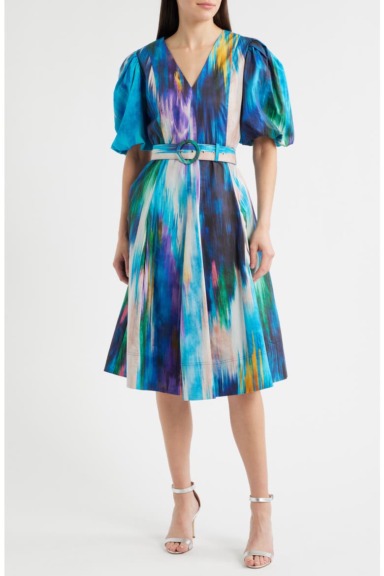 Miriam Ikat Print Belted Cotton Dress, Main, color, WATER CANVAS PRINT