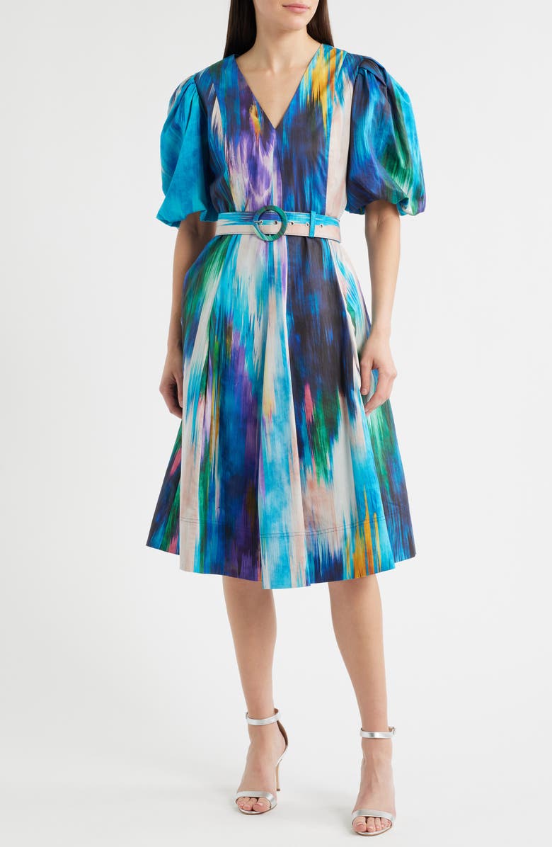 Elie Tahari Miriam Ikat Print Belted Cotton Dress, Main, color, Water Canvas Print