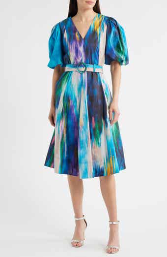 Elie Tahari Miriam Ikat Print Belted Cotton Dress