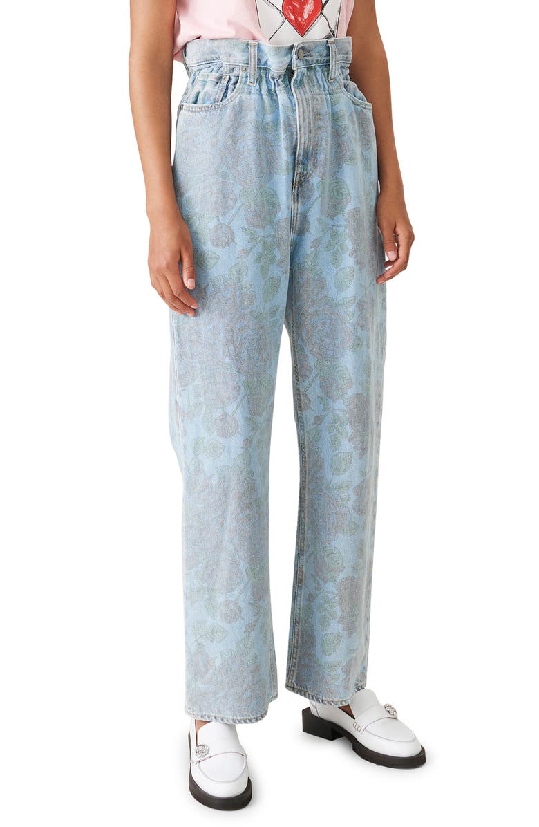 Ganni x Levi's<sup>®</sup> Floral Print Paperbag Waist Wide Leg Jeans, Main, color, 