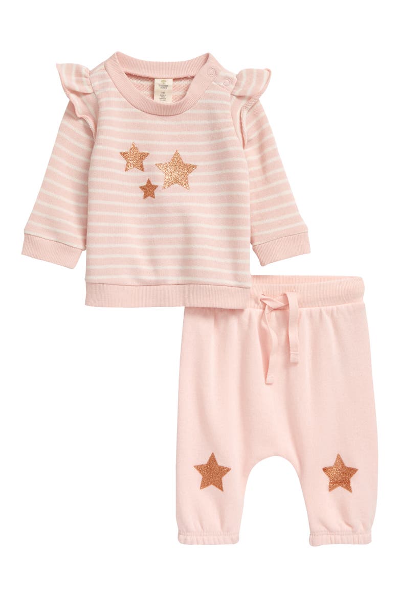Ruffle Sleeve Top & Pants Set, Main, color, PINK ENGLISH STRIPE STARS