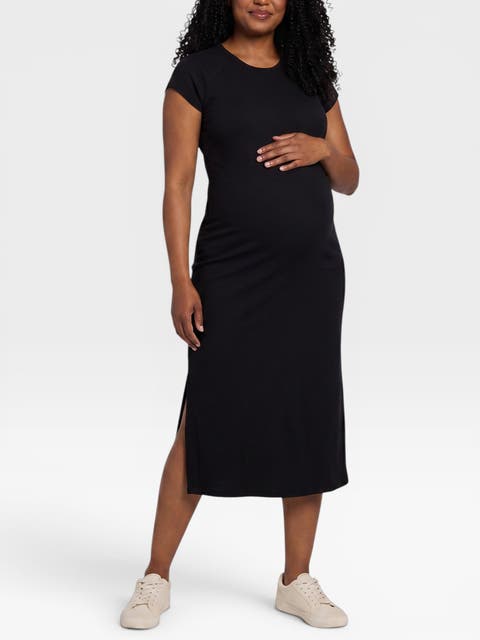 Rib Knit Short Sleeve Raglan Midi Dress