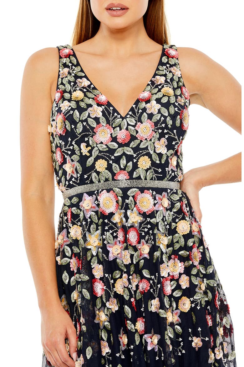 V-Neck Sleeveless Midi Floral Beaded A-Line Dress, Alternate, color, MIDNIGHT MULTI