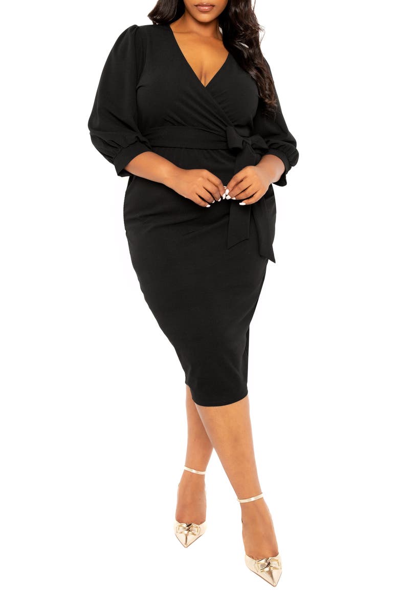 Faux Wrap Midi Dress, Alternate, color, BLACK
