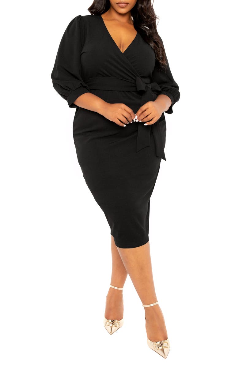 BUXOM COUTURE Faux Wrap Midi Dress, Alternate, color, Black