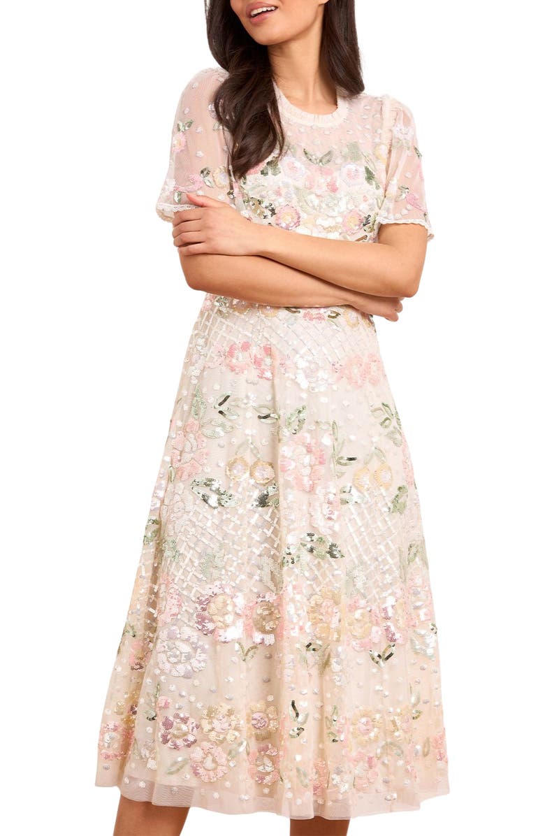 Needle & Thread Rosalie Long Sleeve Ankle Gown, Main, color, Cream