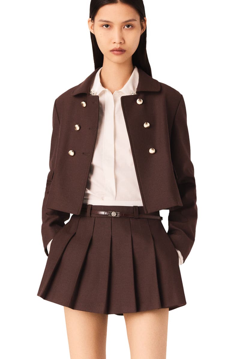 maje Short double-breasted jacket, Alternate, color, Brown