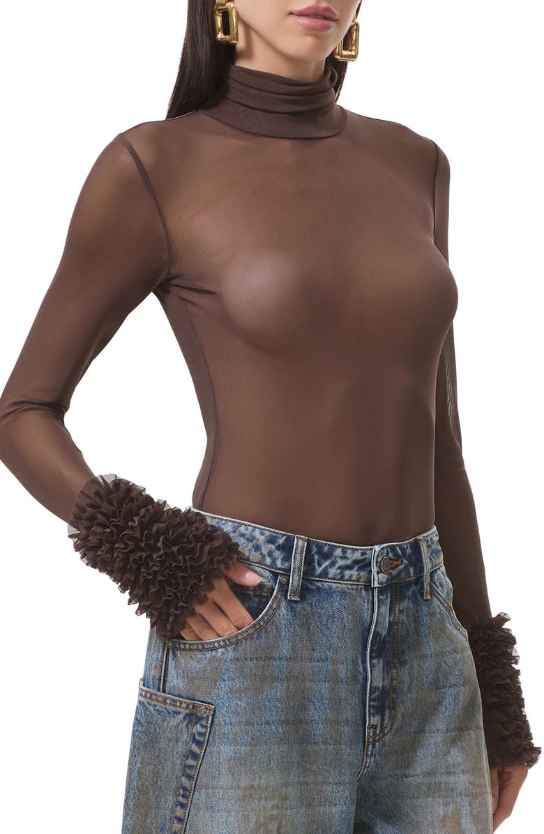 AFRM Helena Ruffle Trim Long Sleeve Mesh Shirt, Alternate, color, Espresso
