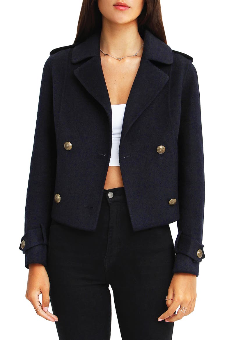 Better Off Military Wool Blend Crop Peacoat, Main, color, NAVY