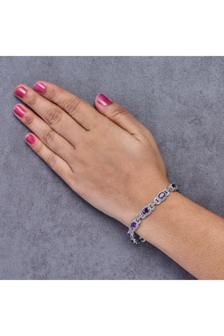 Sterling Silver Oval Purple Amethyst and Diamond Interlocking Halo Link Bracelet, Alternate, color, White