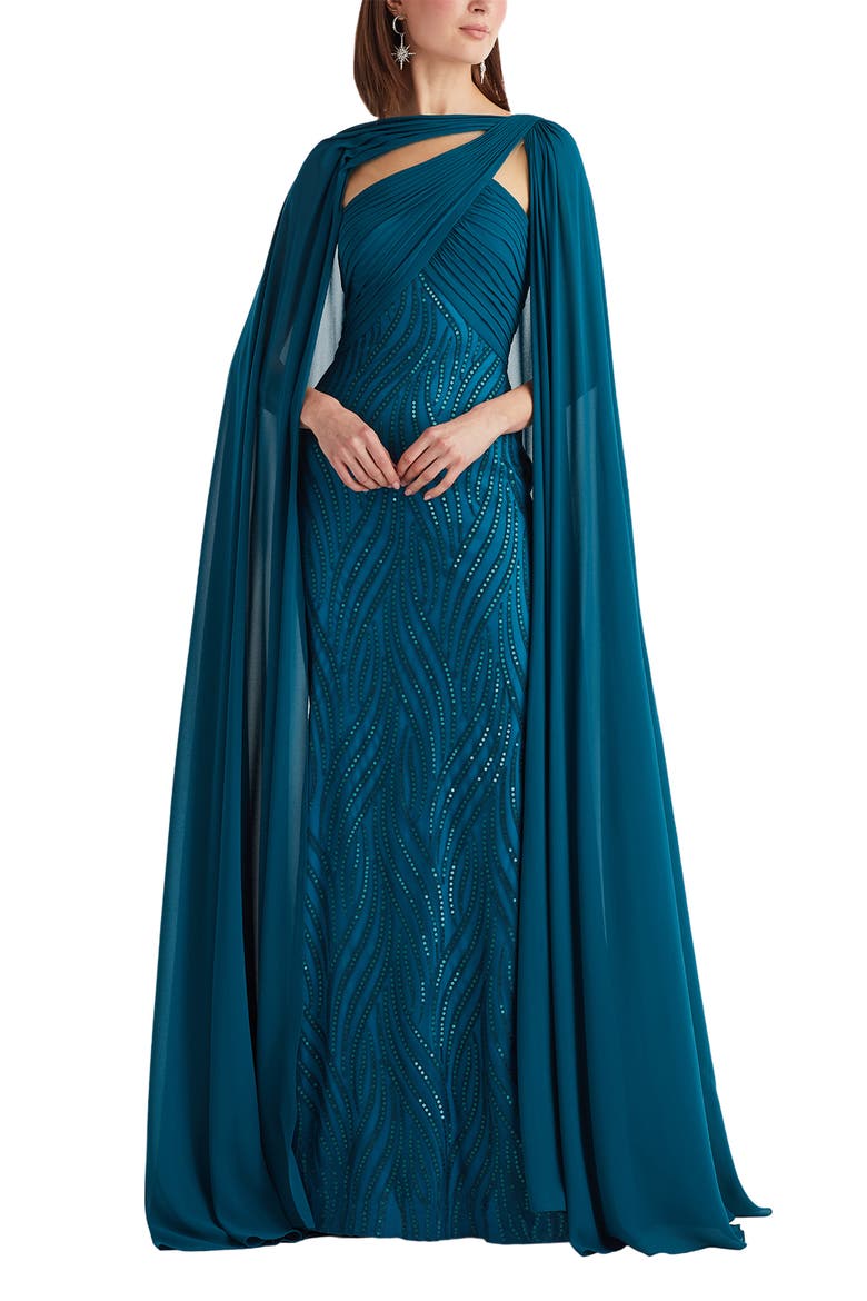 Sequin Pleat Cape Gown, Main, color, STARRY NIGHT