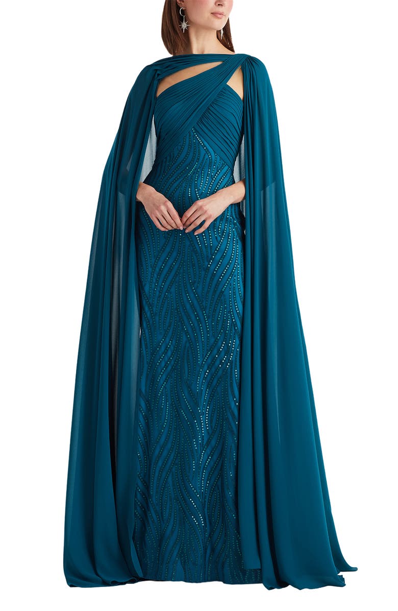 Tadashi Shoji Sequin Pleat Cape Gown, Main, color, Starry Night