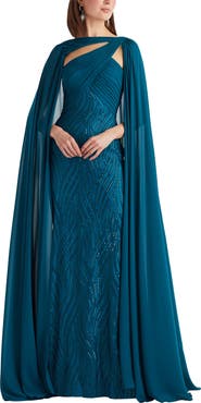 Tadashi Shoji Sequin Pleat Cape Gown