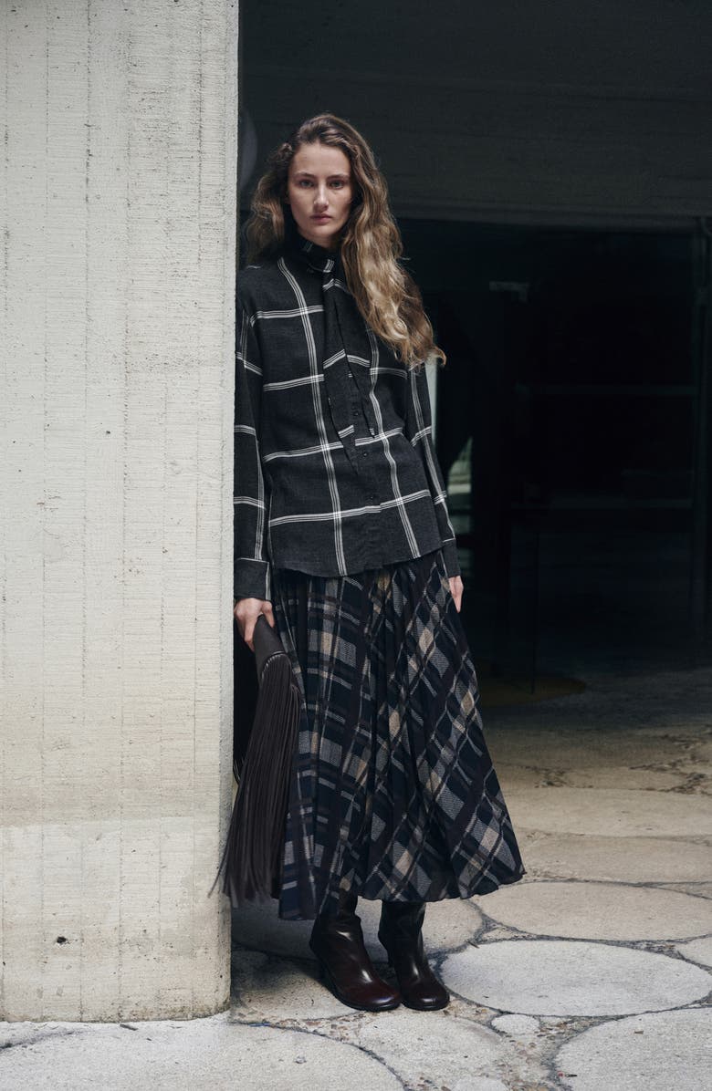 MANGO Candy Windowpane Plaid Tie Neck Button-Up Shirt, Alternate, color, Black