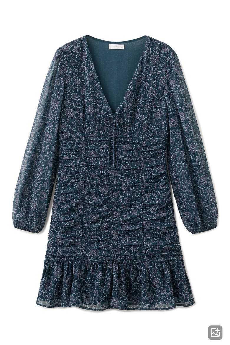Floral Long Sleeve Ruffle Hem Minidress, Alternate, color, PETROL BLUE
