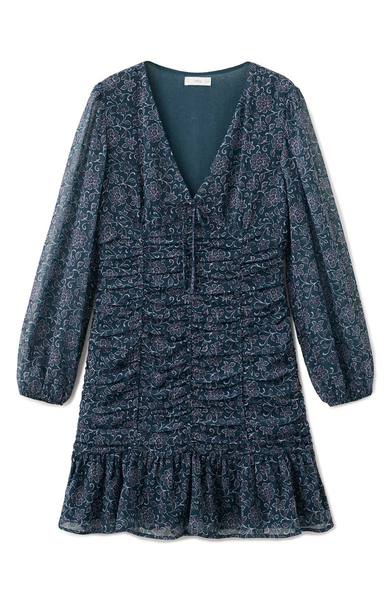 MANGO TEEN Floral Long Sleeve Ruffle Hem Minidress, Alternate, color, Petrol Blue