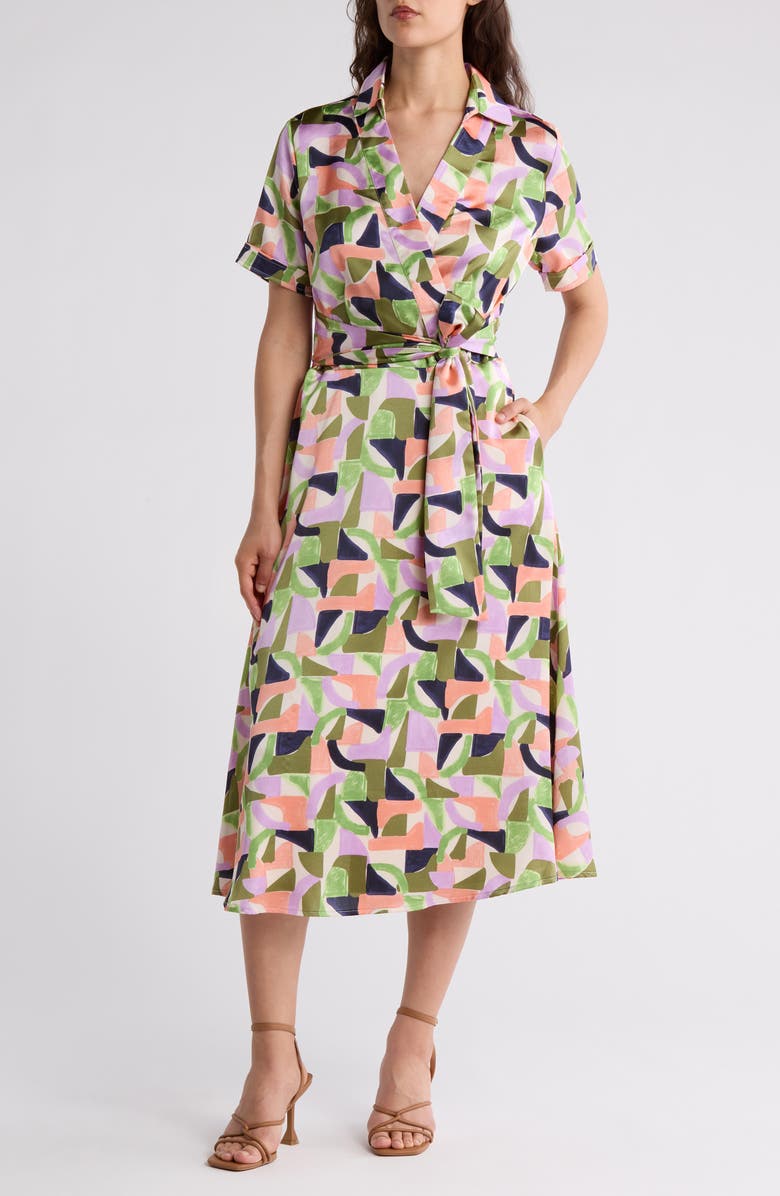 Tahari ASL Collared Wrap Dress, Main, color, Sand Multi