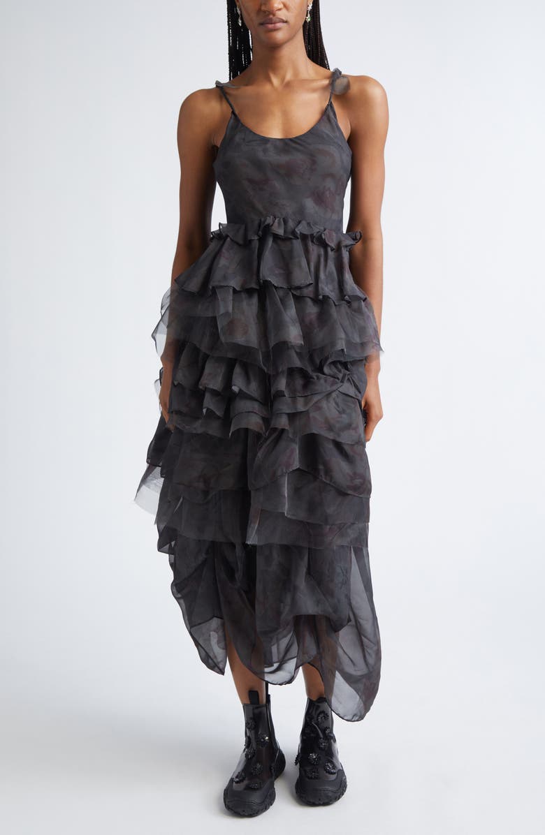 Collina Strada Geranium Watercolor Roses Ruffle Dress, Main, color, Black Watercolor Roses