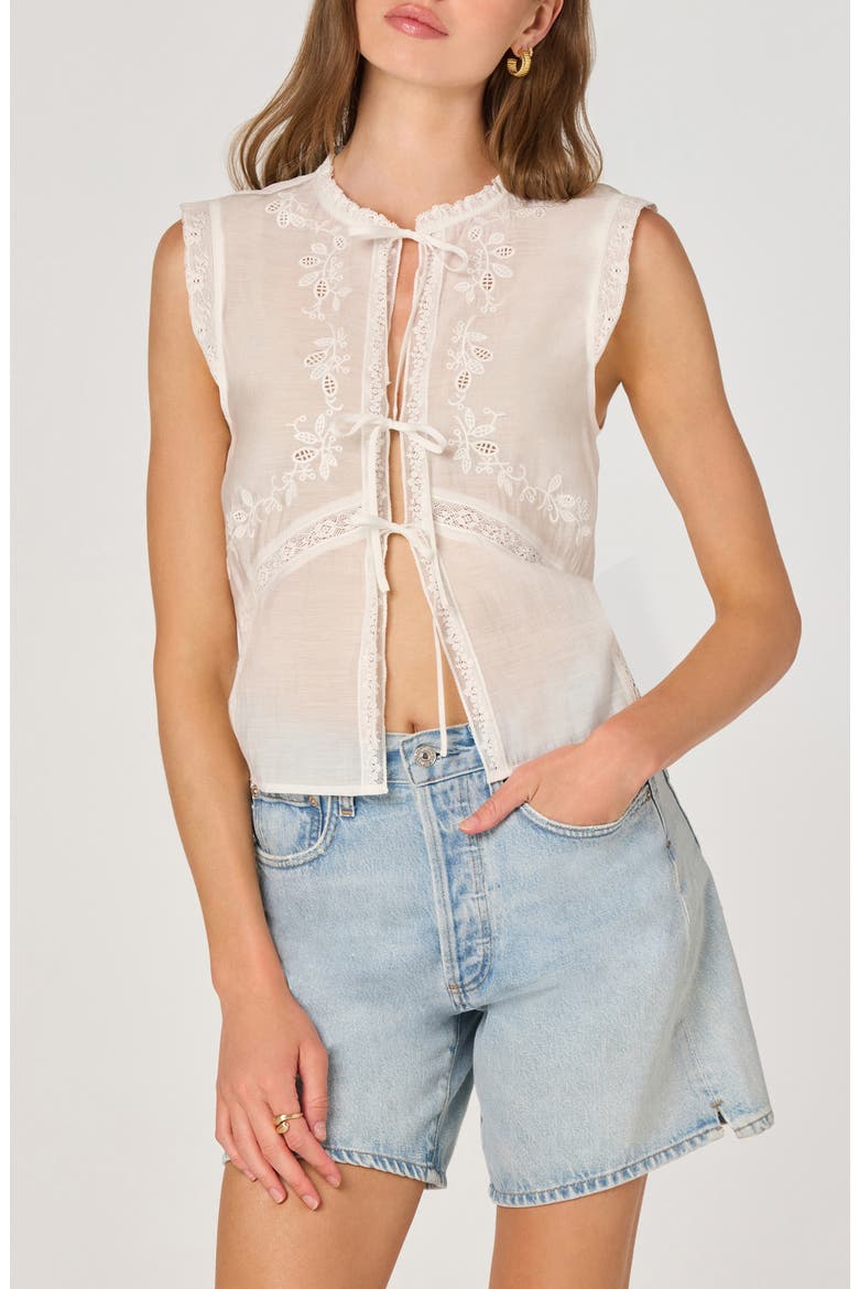 Lace Trim Tie Front Top, Main, color, WHITE