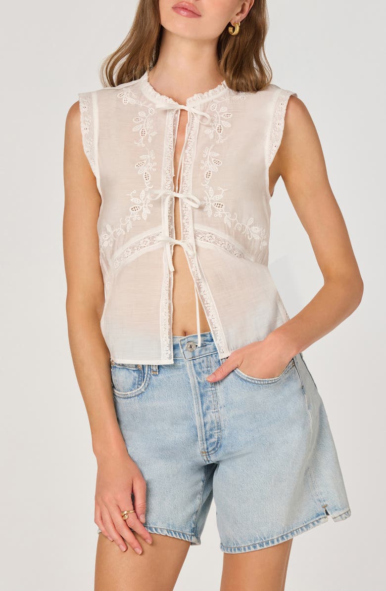 ASTR the Label Lace Trim Tie Front Top, Main, color, White