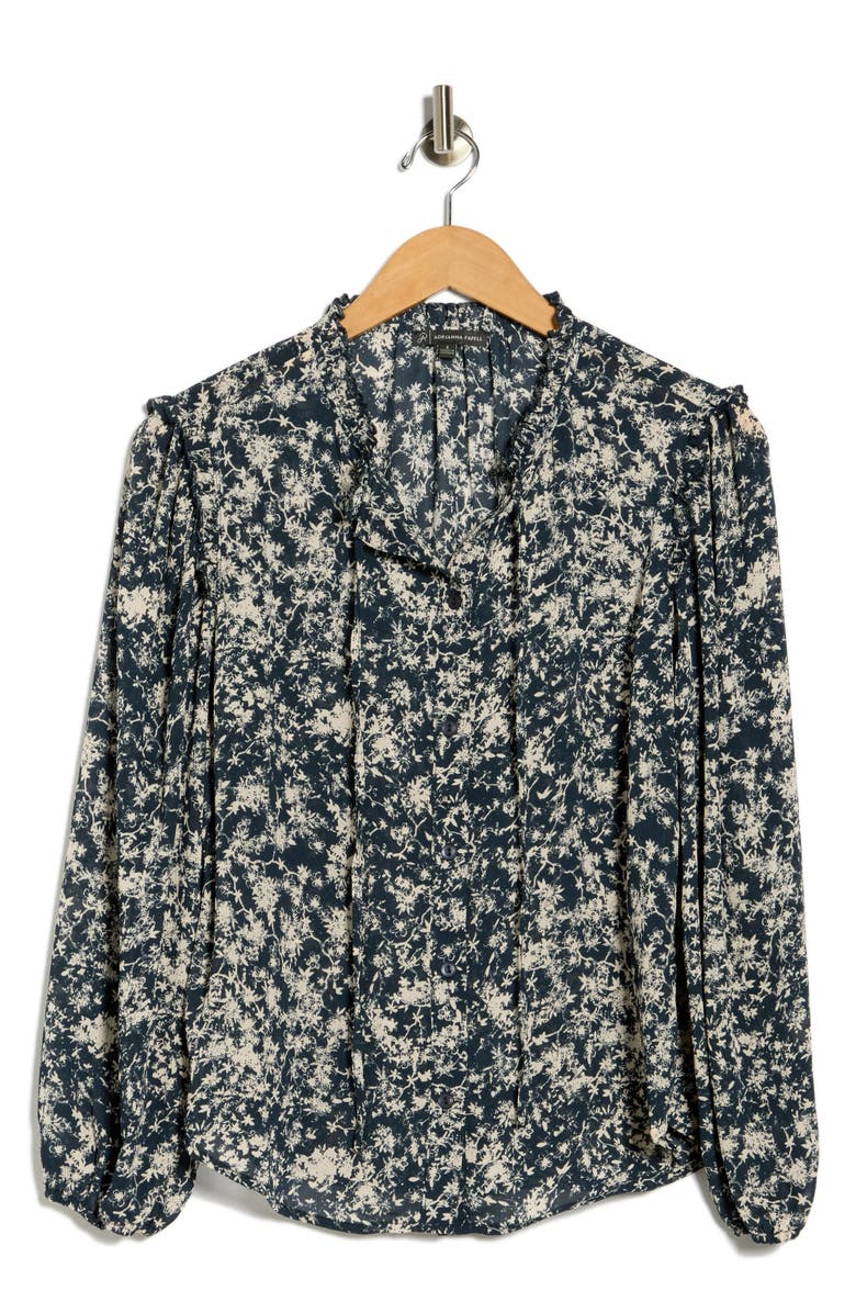 Adrianna Papell Ruffle Split Neck Long Sleeve Button-Up Shirt, Alternate, color, Midnight Garden