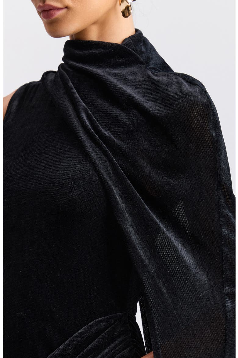 Mock Neck Minidress with Asymmetric Cape, Alternate, color, BLACK