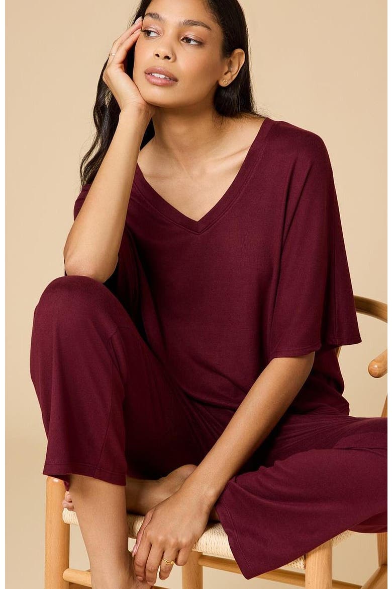 Dream Jersey Relaxed V-Neck with Capri Lounge Set, Alternate, color, Cherry Cola