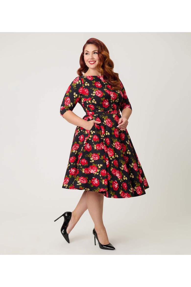 Plus Size Devon Swing Dress, Alternate, color, Black & Red Roses
