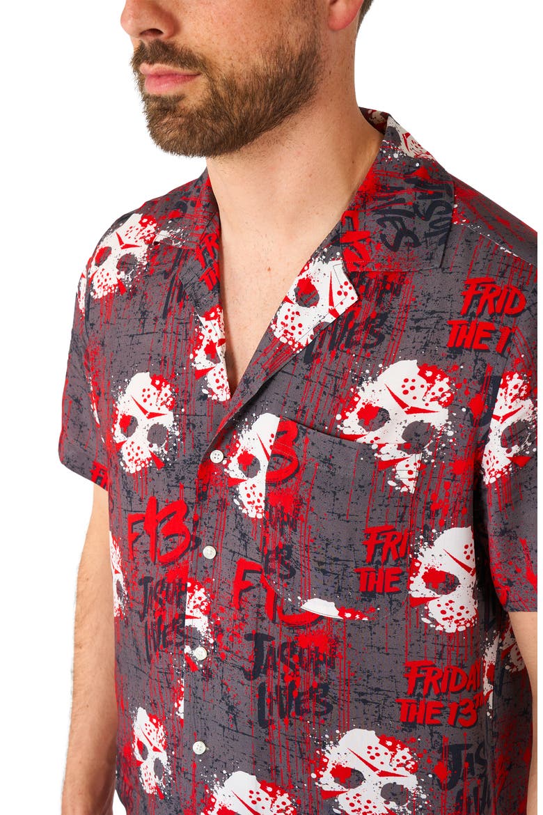 Friday the 13th Short Sleeve Button-Up Shirt, Alternate, color, BLACK