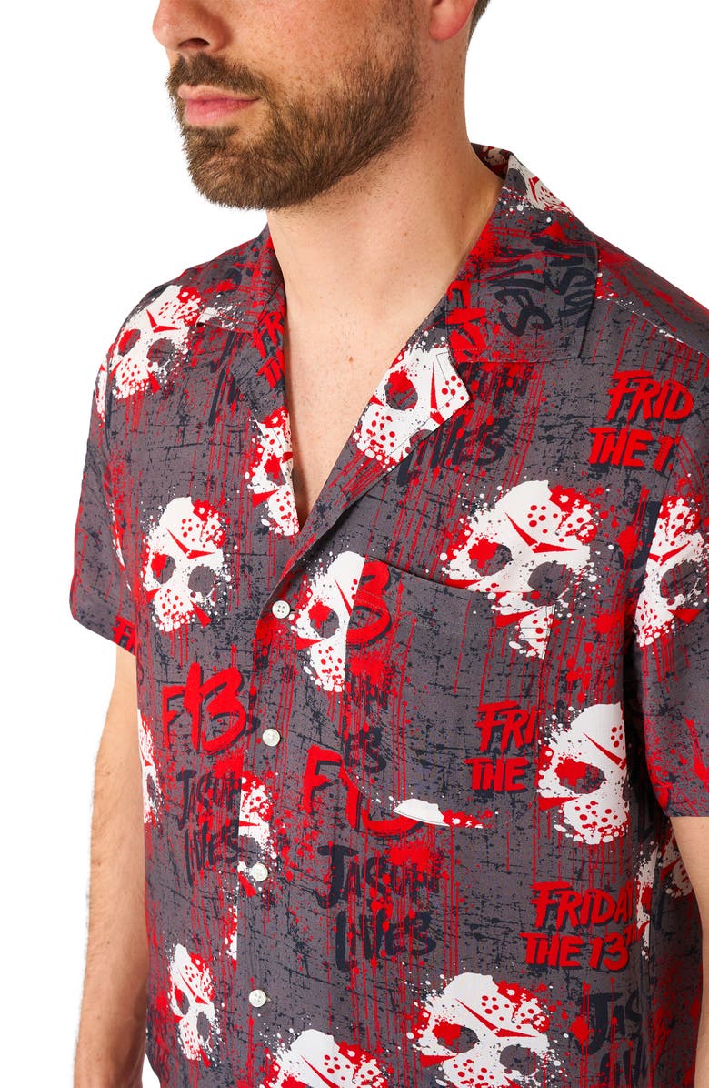 OppoSuits Friday the 13th Short Sleeve Button-Up Shirt, Alternate, color, Black