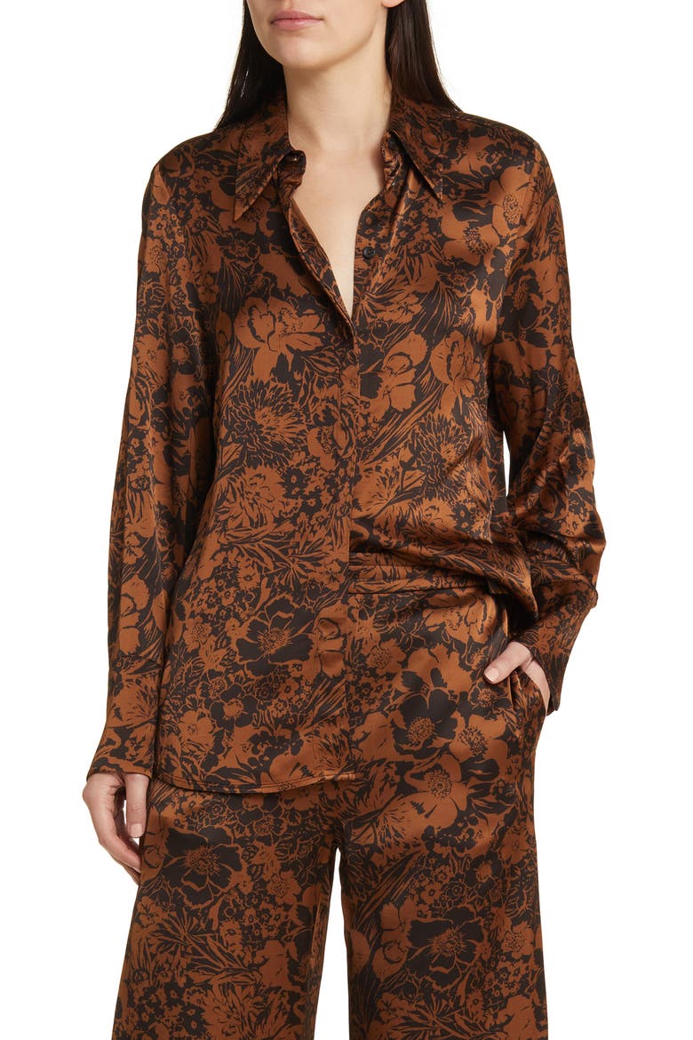 Oversize Floral Satin Button-Up Shirt, Main, color, BROWN DARK