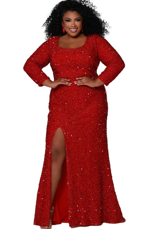Long Sleeve Fitted Scoop Neck Sequin Plus Size Gown