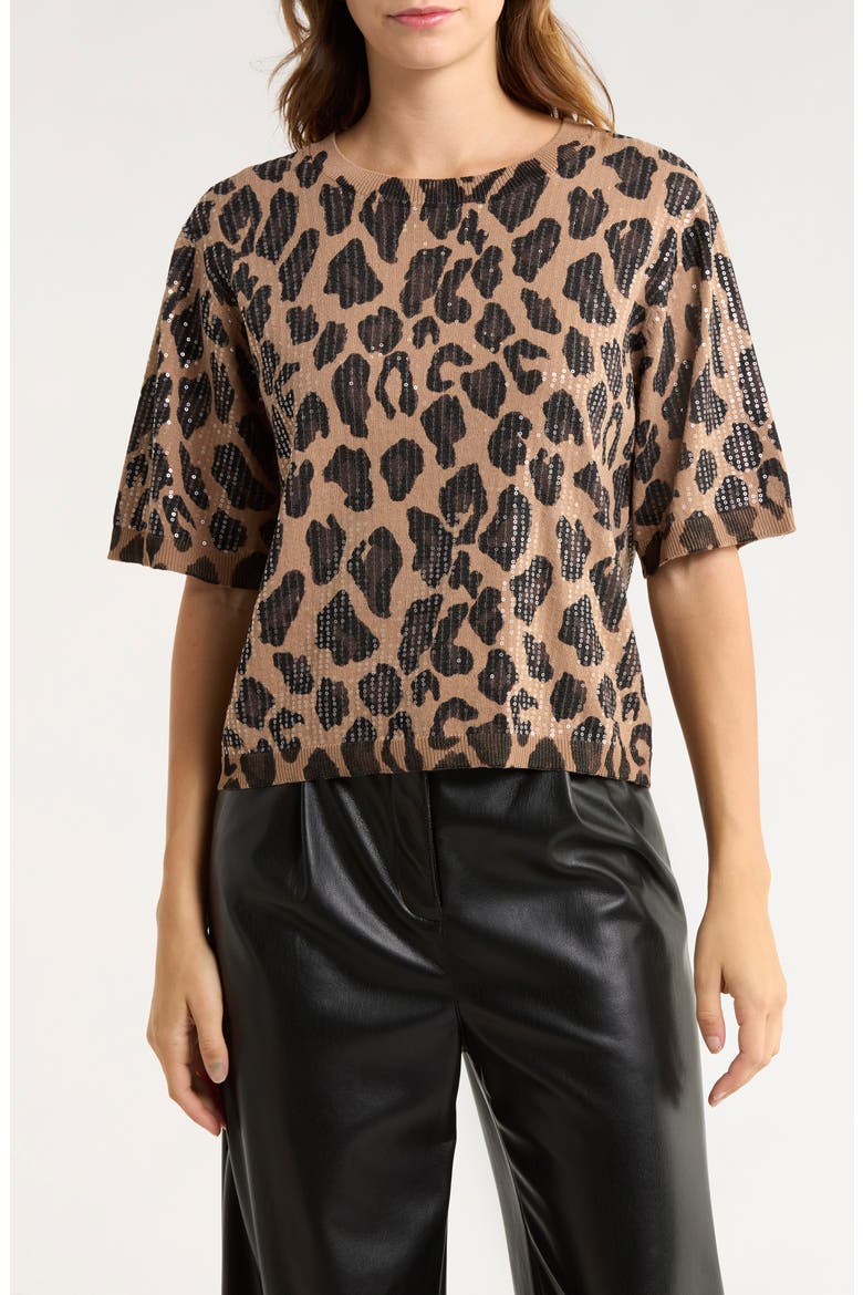 Sequins Short Sleeve Knit Sweater, Main, color, BRONZED FELINE