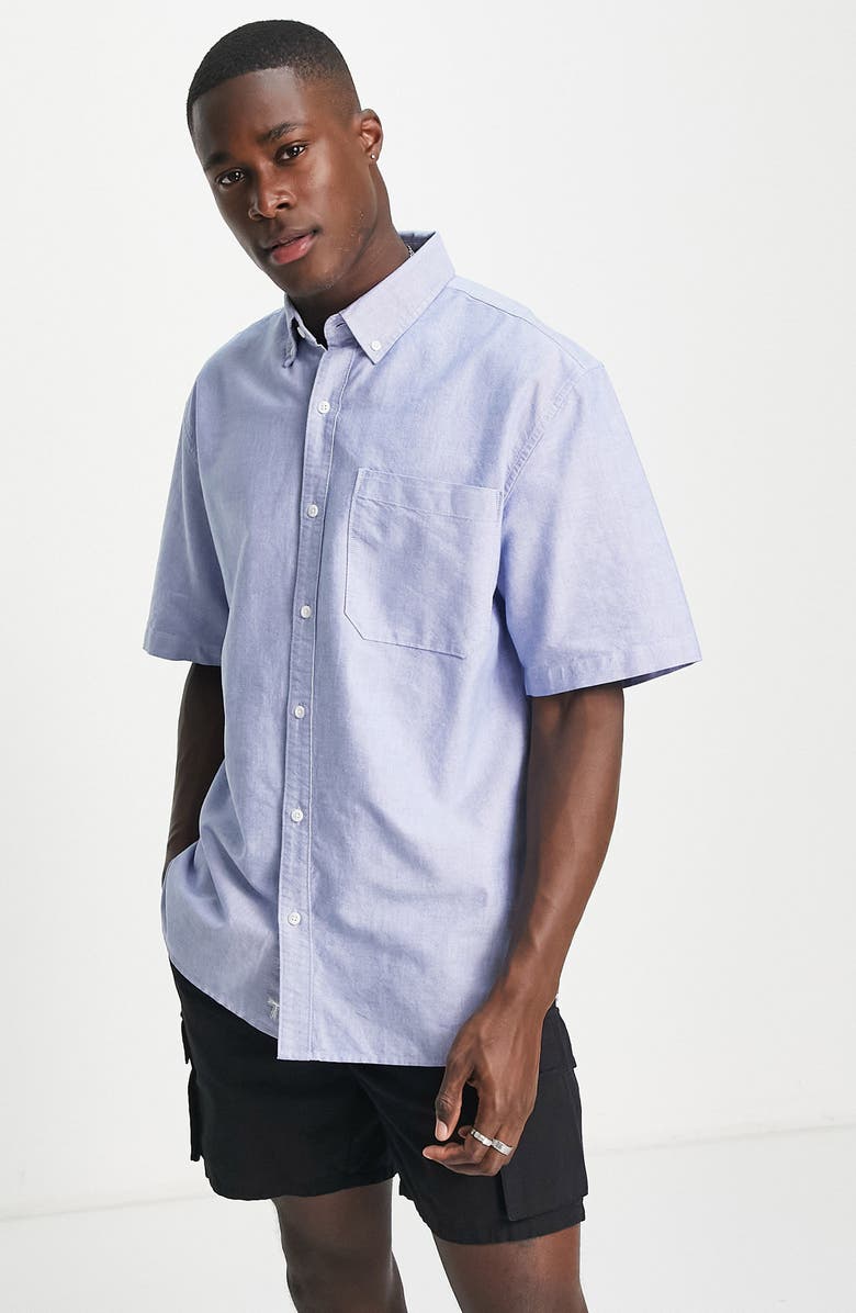 Topman Relaxed Short Sleeve Oxford Button-Down Shirt, Main, color,