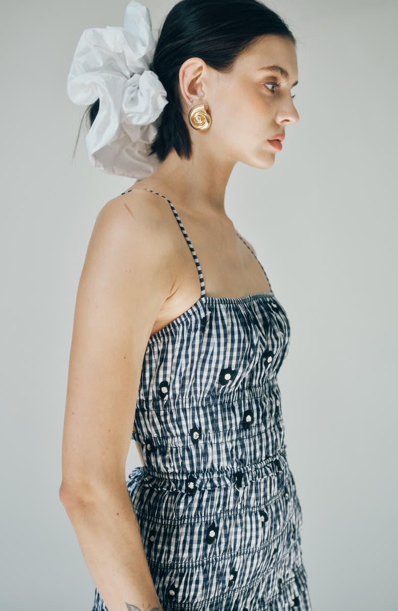 MAUDE CLUB Madison Gingham Floral Embroidered Tiered Smocked Midi Dress, Alternate, color, Navy Gingham