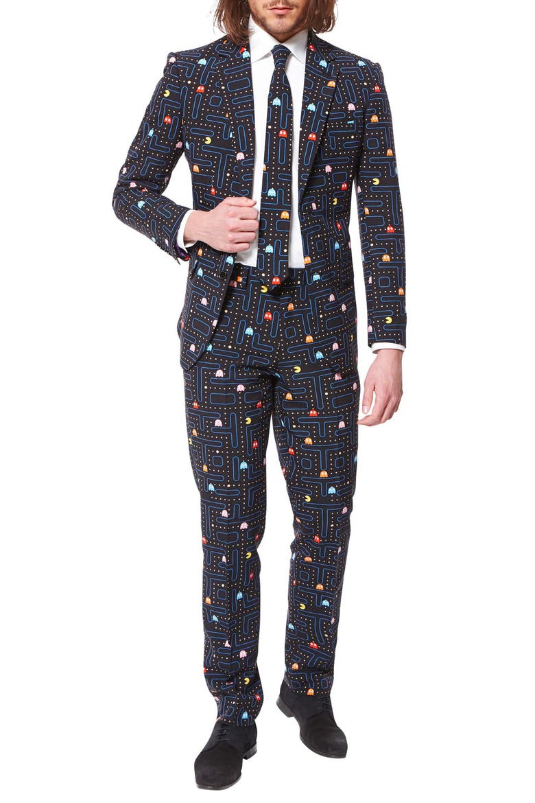 x Pac-Man™ Slim Fit Two-Piece Suit & Tie Set, Main, color, BLACK