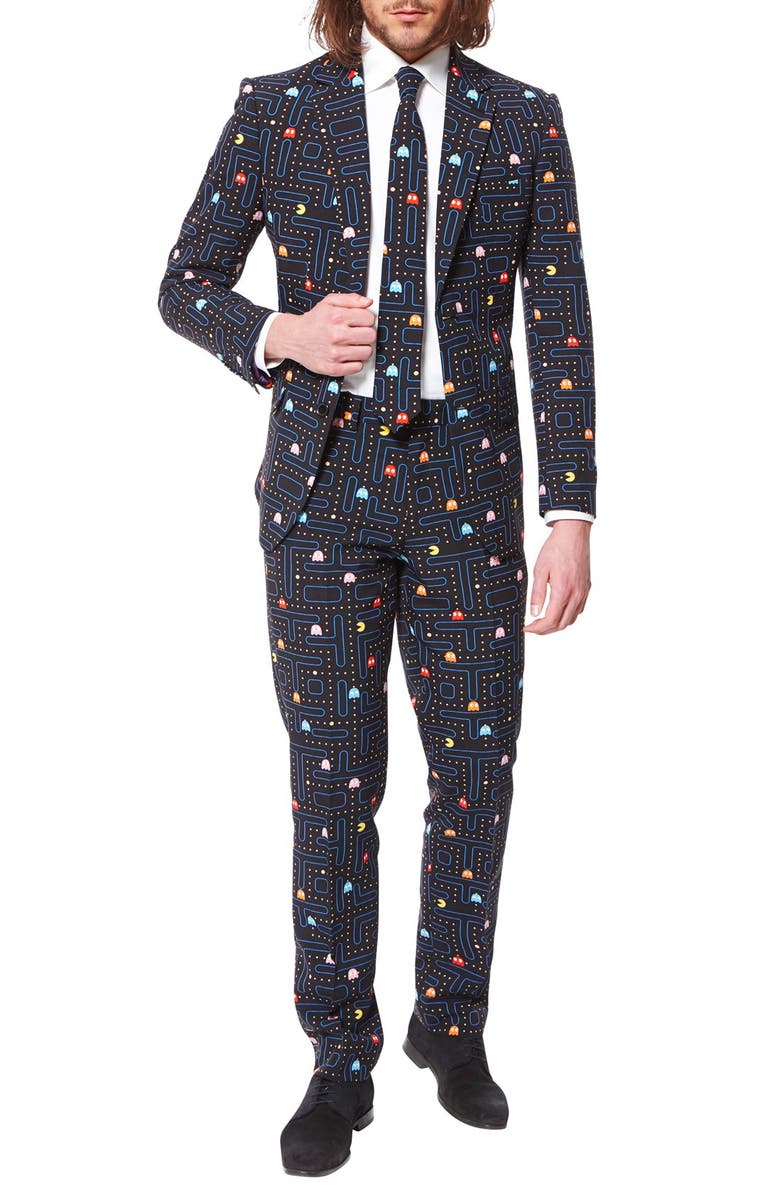 OppoSuits 'Pac-Man<sup>™</sup>' Trim Fit Two-Piece Suit with Tie, Main, color, Black