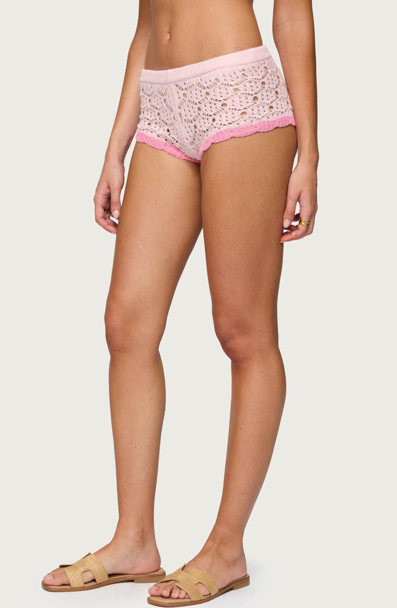 EDIKTED Elisa Open Stitch Shorts, Alternate, color, Light-Pink