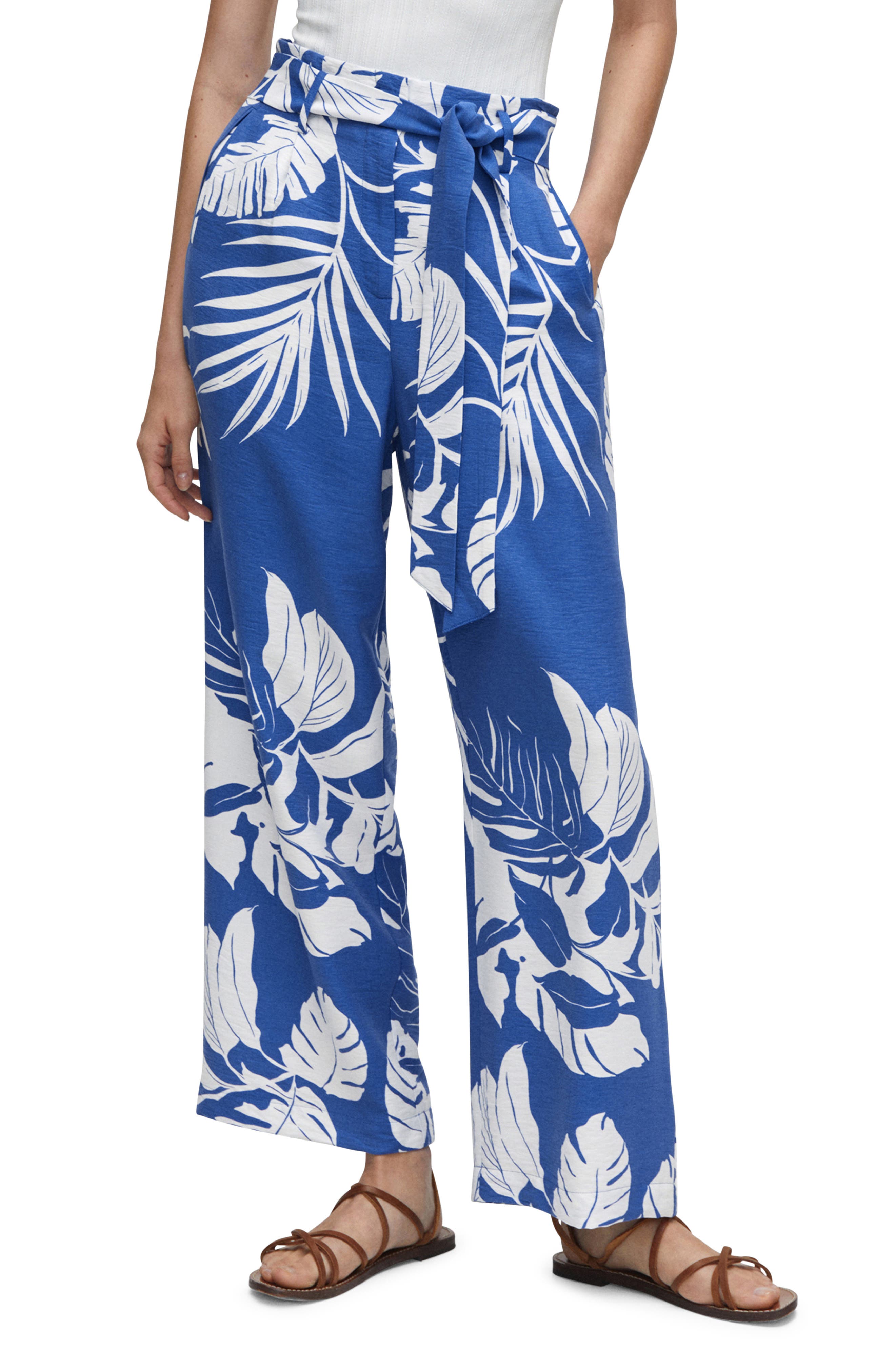 MANGO Tropical Print Wide Leg Paperbag Pants